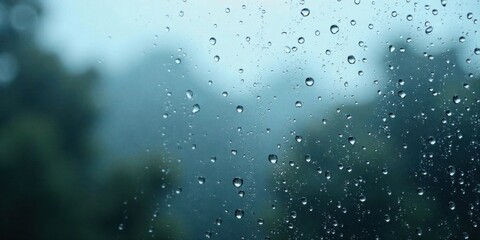 Rainy Day Reflections Water Droplets Adorn a Window Pane, Obscuring a Verdant Landscape