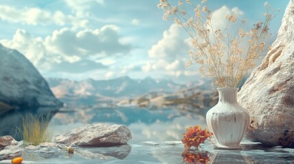 Obraz premium Scenic coastal view with white vases and dried flowers