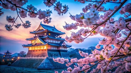 Obraz premium Fukuoka Castle Ruins Night Cherry Blossom Bokeh Pink Light Illumination