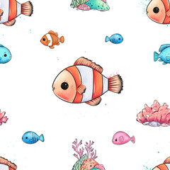 Colorful underwater pattern featuring various fish and corals on a white background