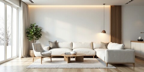 Serene Minimalist Living Room Design Featuring a Light Cream Sectional Sofa, Wooden Coffee Table, and Natural Light