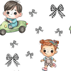 Cute children in playful activity with character illustrations featuring ribbons and toys