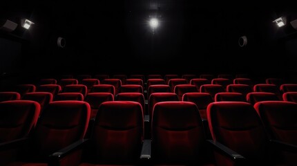 Empty movie theater with red seats illuminated by a spotlight, creating a dramatic atmosphere