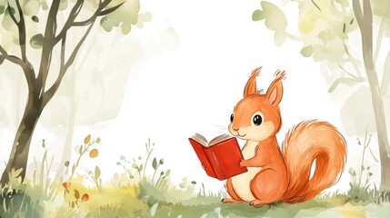 A charming illustration of a squirrel sitting on the grass, joyfully reading a red book surrounded by serene trees and a peaceful environment.