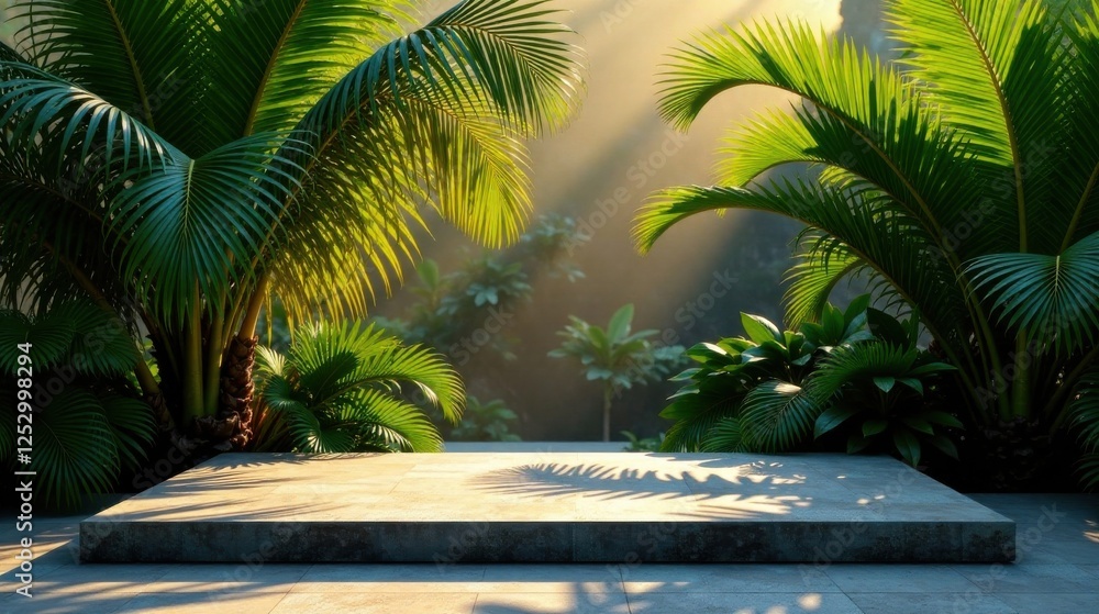 Aufkleber Serene Tropical Paradise Platform An Empty Stone Display in Lush Foliage with Sunlight Streaming Through