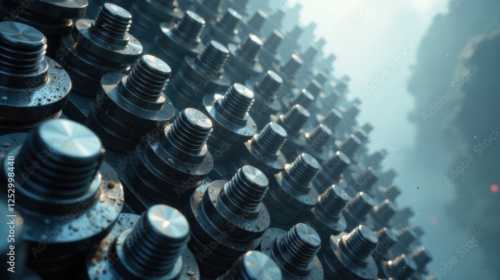 Poster a precise arrangement of industrial fasteners in a row, reflecting light and showing minute details 