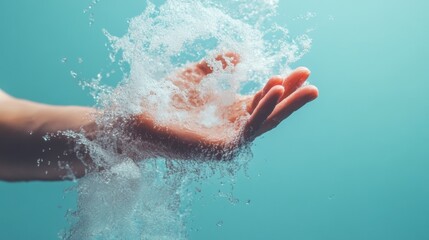Water splash in hand against a blue background
