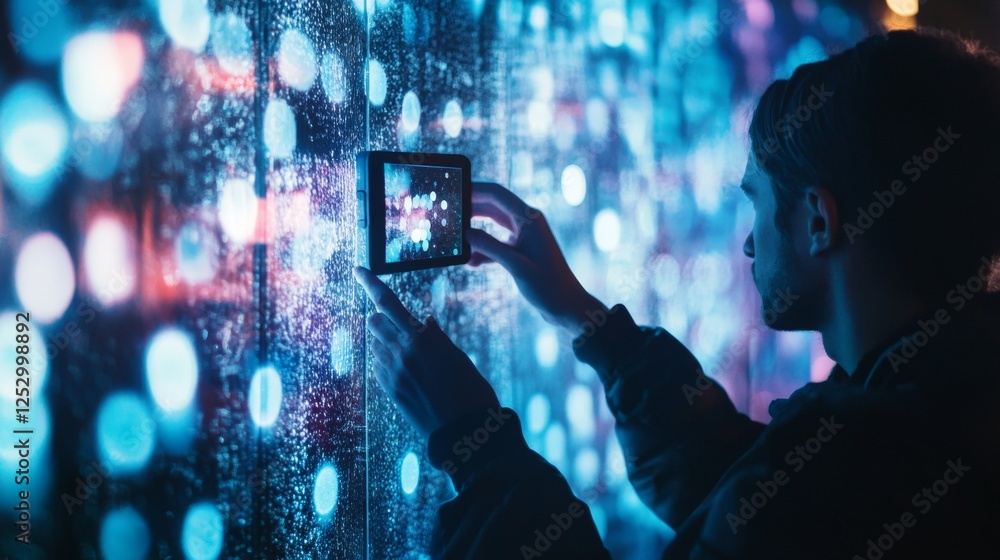 Poster man using futuristic touch screen interface