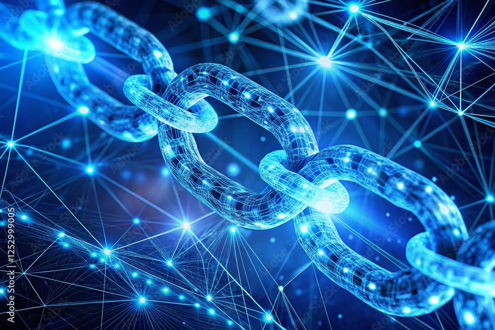 Poster futuristic blockchain silhouette: interconnected data chains & decentralized network security