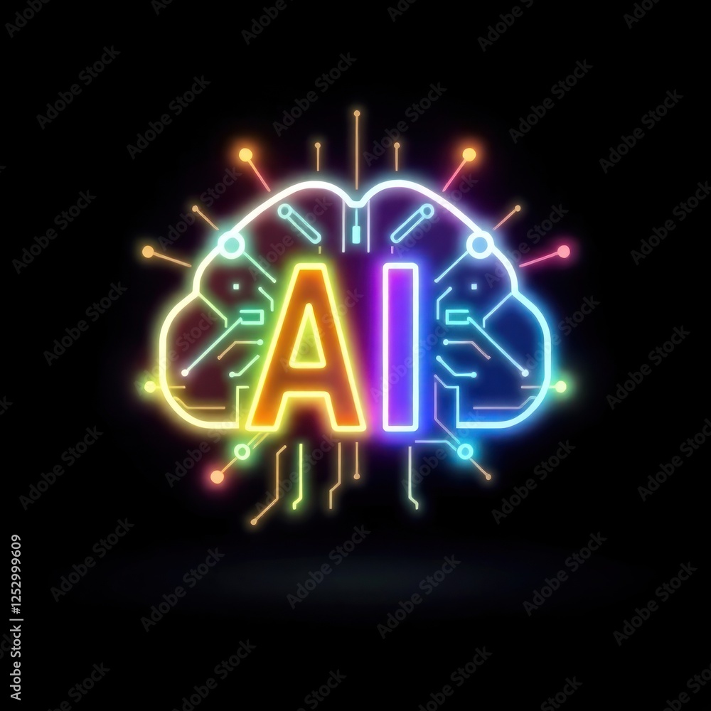 Poster colorful neon brain illustration representing artificial intelligence with circuit patterns and glow