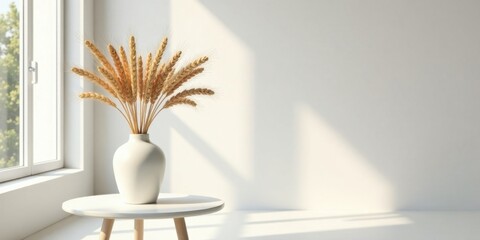 Serene Minimalist Interior Scene with Dried Wheat in a Vase on a Side Table