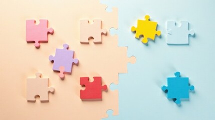 Fototapeta premium Pastel Puzzle Pieces Strategically Placed on a Two-Toned Surface, Representing the Concept of Connection and Problem Solving