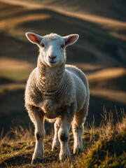 Fototapeta premium A lamb standing gracefully on a hill, with sunlight bathing the landscape in warmth.