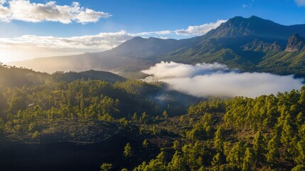 Fototapeta premium Majestic Sunrise over Volcanic Peaks and Cloud-Shrouded Forests