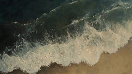 Aerial view of ocean waves crashing on sandy beach.