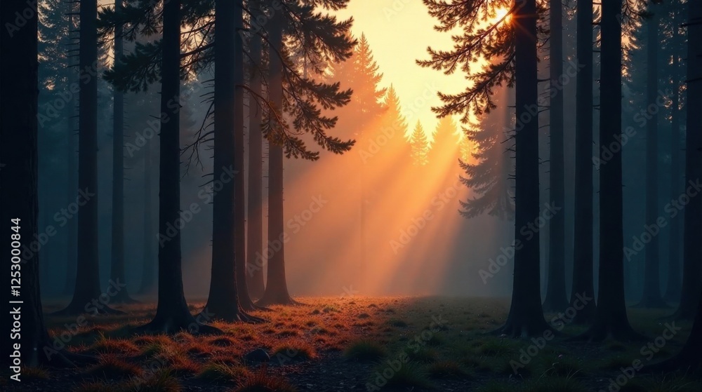 Poster golden sunlight illuminating a mystical forest at dawn, casting long shadows through the tall trees 