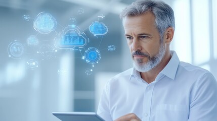 Confident middle aged businessman engaging with digital technology in a bright office setting, showcasing innovation and leadership in a modern workspace