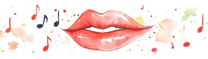 A vibrant illustration of luscious lips surrounded by musical notes and colorful splashes, conveying joy and creativity through art and music.