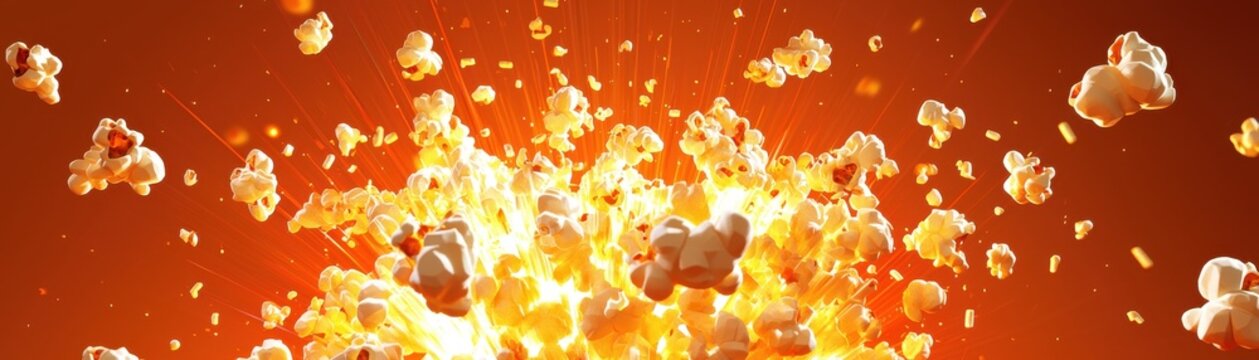 A vibrant burst of popcorn exploding against a colorful background, capturing the joy and excitement of cinema snacks in a dramatic effect.