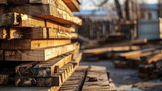 A stack of wooden planks outside, ideal for presentations of building materials and woodworking related projects.
