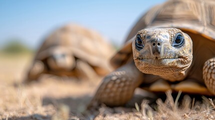 Obraz premium Two tortoises walking in African savanna. Wildlife conservation use