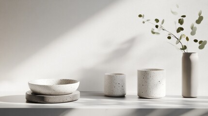 Minimalist ceramic bowls and vases in soft lighting