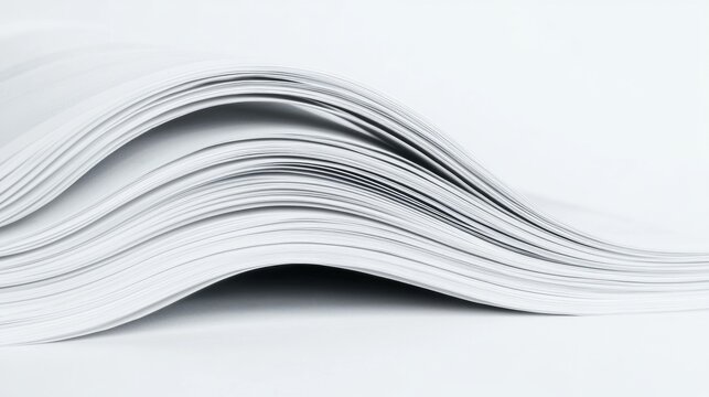 Stacked white paper sheets, wavy curve, clean background, office supplies