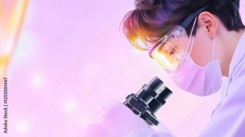 Poster lab laboratory, a scientist examines a tiny sample using a microscope in high fidelity detail, highl