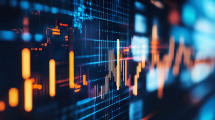 Abstract financial data visualization with glowing graphs and charts