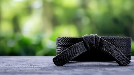 Two black wedding rings and a taekwondo black belt on a wooden table in realistic photography