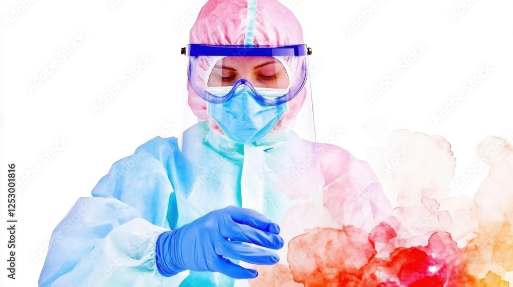 Poster lab laboratory, a scientist in gloves and a face shield, emphasizing safety and precision in a high-