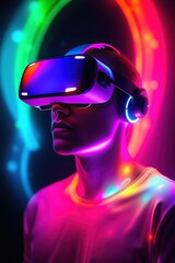 Young person wearing a virtual reality headset, immersed in vibrant neon lights, exploring a digital landscape