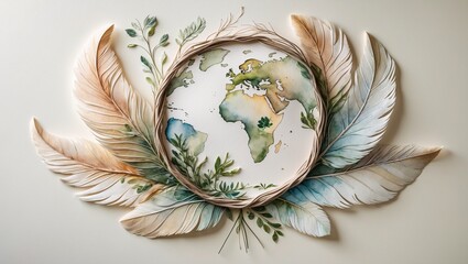 Intricately detailed world map surrounded by lush, hand-painted leaves meticulously arranged in harmonious colors on a serene background