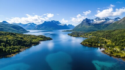 Fototapeta premium Serene Fjord Landscape: Breathtaking Aerial View of Norwegian Mountains and Turquoise Waters
