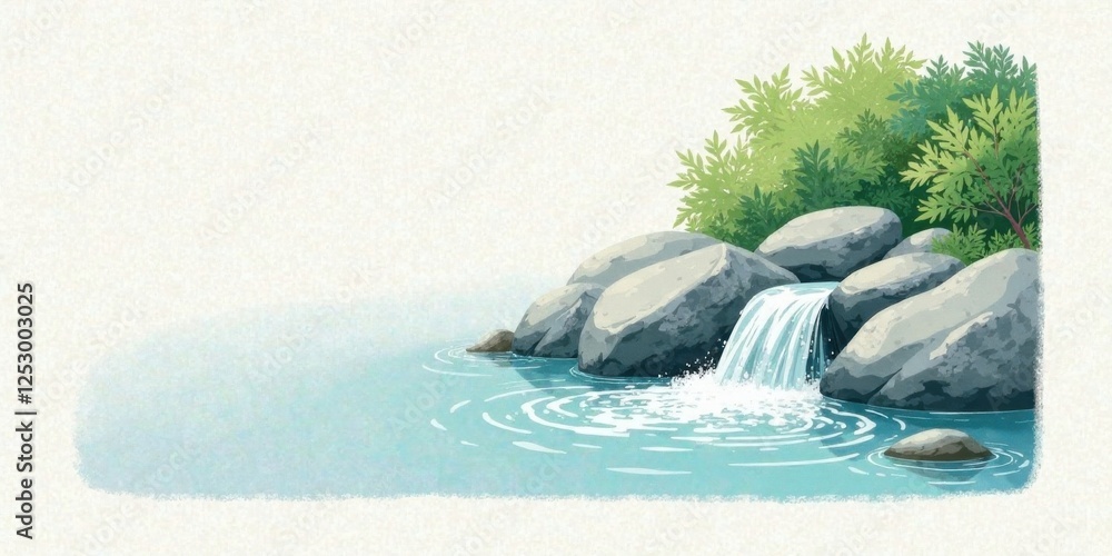 Poster serene waterfall cascading over smooth rocks into a tranquil pond, surrounded by lush greenery