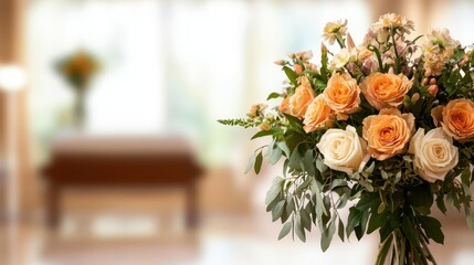 A funeral home interior with floral arrangements, soft lighting, and a casket in the background, dignified and tranquil atmosphere