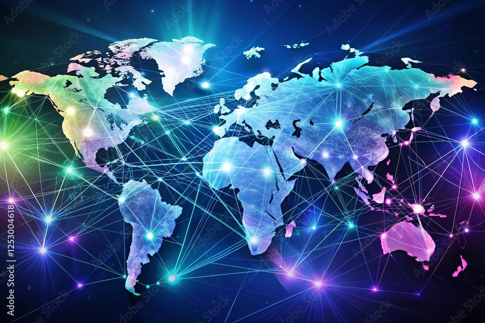 Poster global communication network: world map with connected nodes, digital technology