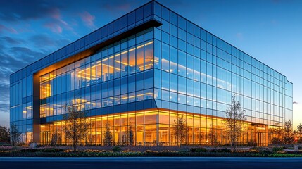 Obraz premium Modern glass office building at dusk, city background, corporate success