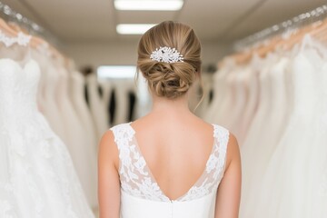 Elegant bridal moment captured from behind—showcasing a lace wedding gown and a chic updo in a bright boutique. Perfect for wedding, fashion, or lifestyle designs
