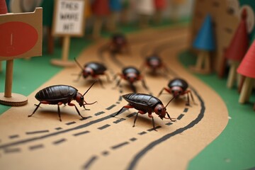A whimsical scene of cockroaches racing on a mini racetrack made of cardboard. The backdrop features handmade signs and cheering spectators