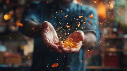Chef tossing golden ingredients in a dramatic cooking scene