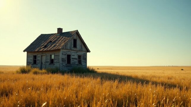 A weathered, rustic farmhouse stands solitary amidst a sea of golden, sunlit tallgrass prairie under a tranquil, expansive sky.