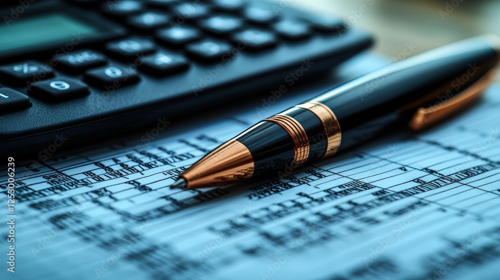 Poster close-up of a sleek pen resting on financial documents with a calculator in the background