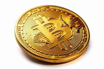 Golden Bitcoin Cryptocurrency Coin, Shiny Physical BTC Token Isolated on White Background - High Resolution Stock Photo