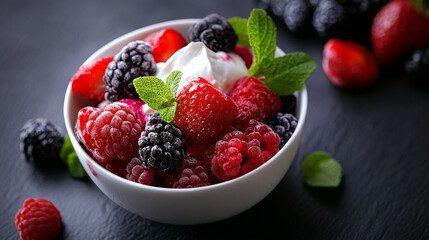 bowl of fresh berries with mint and cream on dark surface
