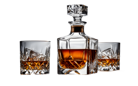 A luxury whiskey decanter set with two matching glasses on a empty plain background