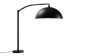 A minimalist black floor lamp with a large round shade on a empty plain background