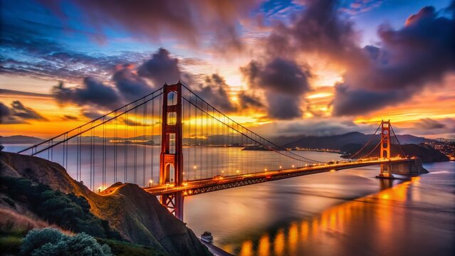Golden Gate Bridge Sunset: Dramatic Low Light Landscape Photography with Copyspace
