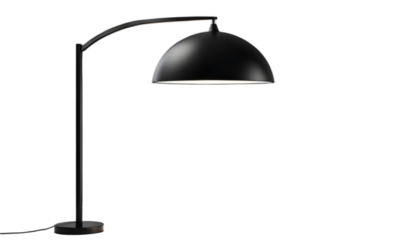 A minimalist black floor lamp with a large round shade on a empty plain background