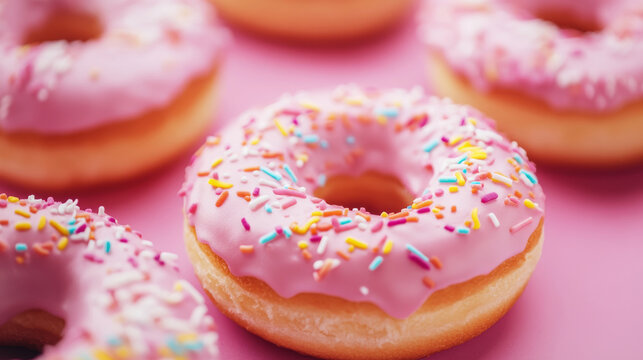 Pink frosted donuts with sprinkles on pink background